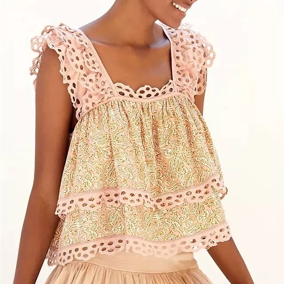Anthropologie Let Me Be Tiered Embroidered Frill Top In Neutral - Picture 1 of 5